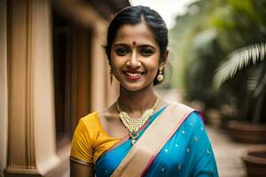 une femme dans une bleu sari et or collier. généré par ai photo
