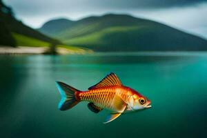 une poisson nager dans le l'eau avec montagnes dans le Contexte. généré par ai photo