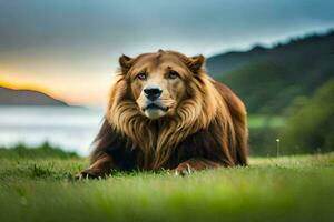 une Lion séance dans le herbe. généré par ai photo