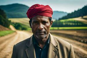 une homme portant une rouge turban des stands dans le milieu de une saleté route. généré par ai photo