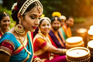 Indien femmes dans traditionnel tenue en jouant tambours. généré par ai photo