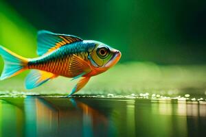 une poisson avec brillant couleurs est en marchant sur le l'eau. généré par ai photo