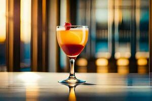 une verre de Orange boisson séance sur une tableau. généré par ai photo