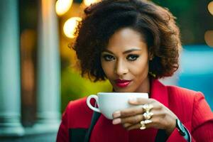 une femme avec rouge cheveux en portant une tasse de café. généré par ai photo