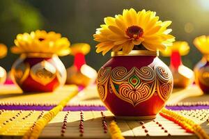 une table avec coloré des vases et fleurs sur il. généré par ai photo