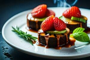 Trois petit desserts avec des fraises et kiwi sur une blanc plaque. généré par ai photo