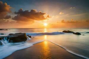 le Soleil monte plus de le océan et vagues. généré par ai photo