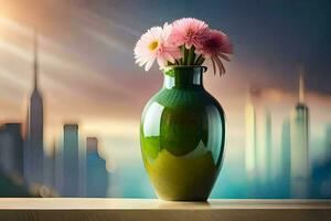une vase avec rose fleurs séance sur une table dans de face de une ville ligne d'horizon. généré par ai photo