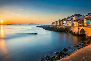 le Soleil ensembles plus de une ville sur le côte. généré par ai photo