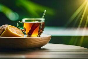 une tasse de thé avec citron tranches sur une en bois tableau. généré par ai photo
