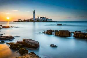 le Soleil ensembles plus de une phare sur le rive. généré par ai photo