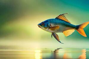 une poisson est en volant plus de l'eau avec une vert Contexte. généré par ai photo