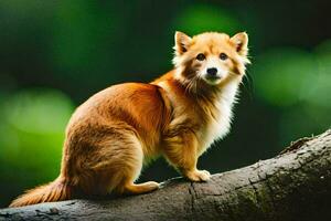 une petit chien est séance sur une arbre branche. généré par ai photo