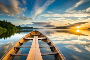le bateau est sur le calme Lac à le coucher du soleil. généré par ai photo