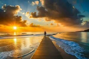 une homme des promenades sur une en bois jetée à le coucher du soleil. généré par ai photo