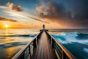 le phare à le coucher du soleil. généré par ai photo