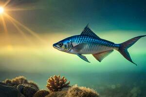 une poisson nager dans le océan avec le Soleil dans le Contexte. généré par ai photo