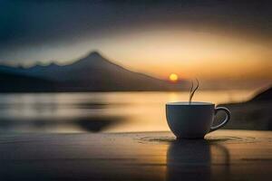 café tasse sur le table avec une vue de le le coucher du soleil. généré par ai photo