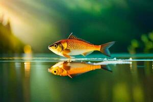 une poisson est permanent sur le l'eau avec le Soleil brillant. généré par ai photo