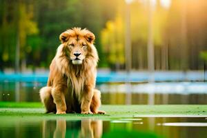 une Lion séance sur le herbe près une étang. généré par ai photo