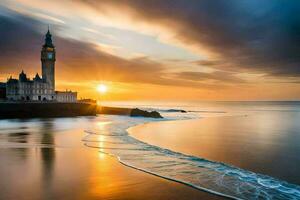 le Soleil ensembles plus de une plage et une l'horloge la tour. généré par ai photo