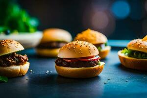 petit hamburgers sur une noir plateau. généré par ai photo