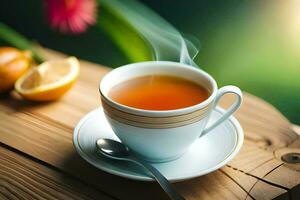 une tasse de thé sur une en bois tableau. généré par ai photo