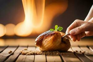 une la personne est en portant une couteau et fourchette plus de une pièce de Viande. généré par ai photo