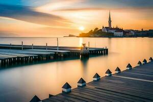 une jetée avec une église dans le Contexte à le coucher du soleil. généré par ai photo