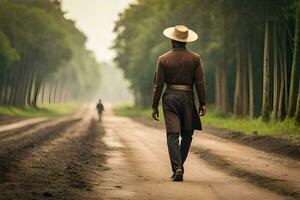 une homme dans une cow-boy chapeau en marchant vers le bas une saleté route. généré par ai photo