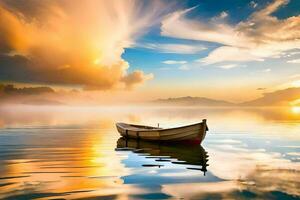 une bateau flottant dans le l'eau à le coucher du soleil. généré par ai photo