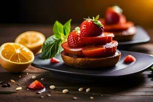 des fraises et citron tranches sur une plaque. généré par ai photo