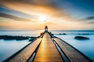 une phare des stands sur une jetée à le coucher du soleil. généré par ai photo