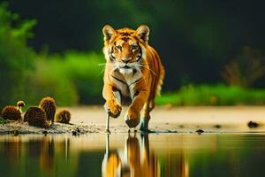 une tigre en marchant à travers le l'eau. généré par ai photo