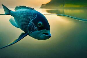 une poisson nager dans le l'eau avec une le coucher du soleil dans le Contexte. généré par ai photo