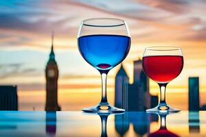 deux des lunettes de rouge et bleu du vin sont sur une table dans de face de une ville ligne d'horizon. généré par ai photo