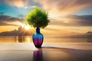 une vase avec une arbre dans il sur une table avec le Soleil réglage derrière il. généré par ai photo