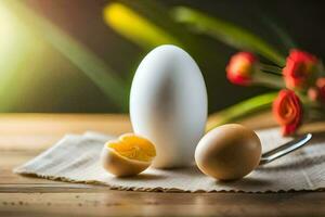 un Oeuf et une couteau sont sur une tableau. généré par ai photo