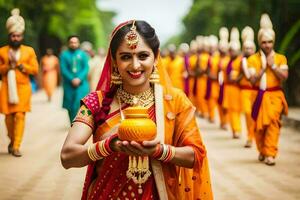 une femme dans traditionnel Indien tenue en portant une pot. généré par ai photo