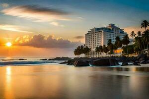 le Soleil ensembles plus de une plage et Hôtel dans Colombie. généré par ai photo