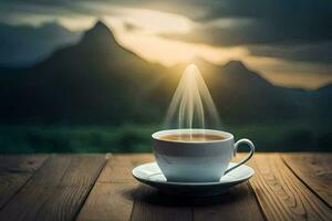 une tasse de café sur une en bois table avec montagnes dans le Contexte. généré par ai photo