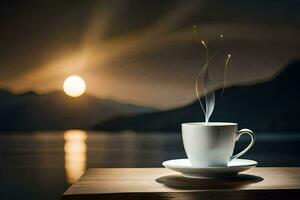 une tasse de café sur une table avec une vue de le lac. généré par ai photo