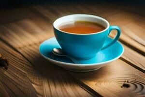 une tasse de thé sur une en bois tableau. généré par ai photo