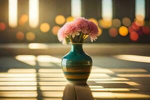 une vase avec rose fleurs séance sur une en bois tableau. généré par ai photo