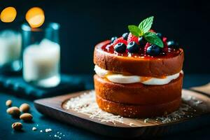 une gâteau avec baies et crème sur une en bois planche. généré par ai photo