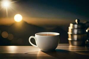 une tasse de café sur une table avec le Soleil dans le Contexte. généré par ai photo