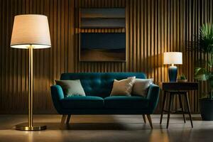 une moderne vivant pièce avec une bleu canapé et lampe. généré par ai photo