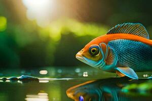 une poisson est permanent dans le l'eau avec ses réflexion. généré par ai photo