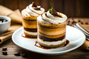 deux desserts sur une assiette avec café. généré par ai photo