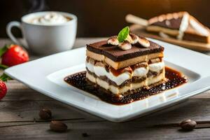 une dessert avec Chocolat et crème sur une blanc plaque. généré par ai photo